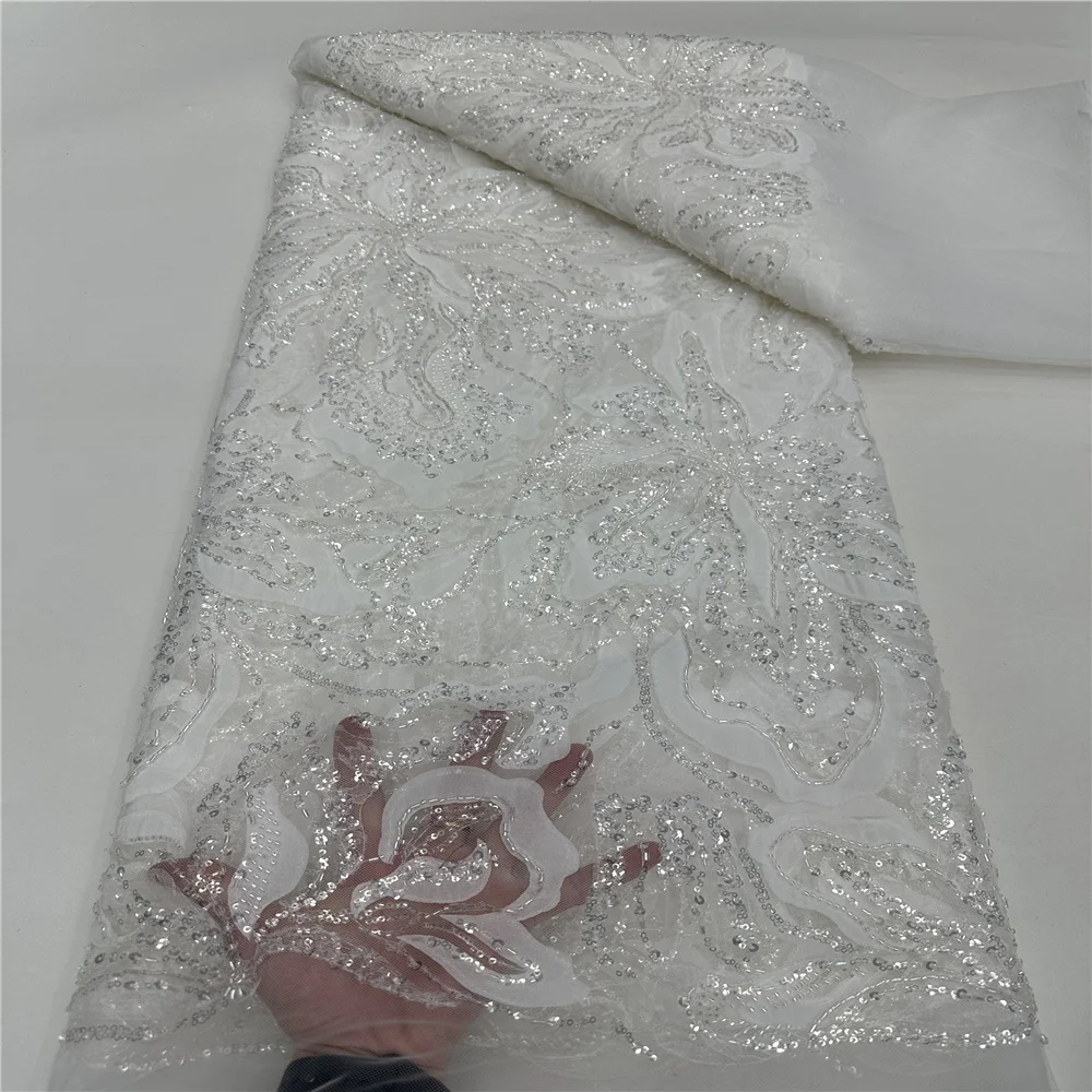 

African Lace Fabric 2025 High Quality French Sequins Embroidery Beads Tulle Lace Fabric For Wedding Party Dress Sewing