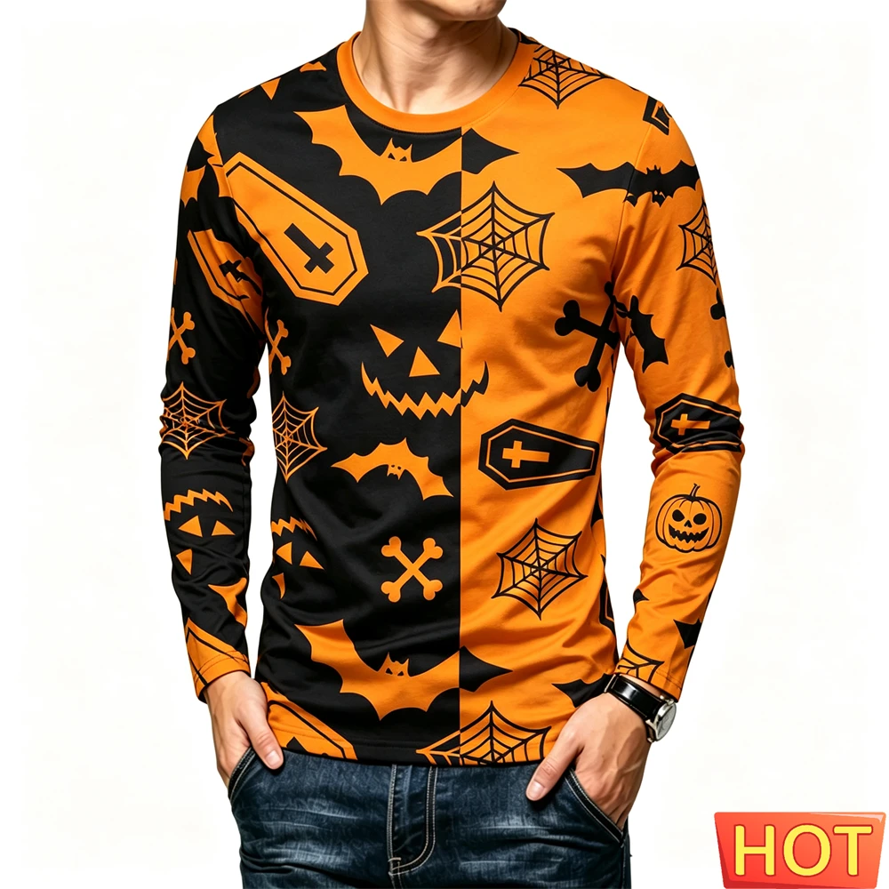Halloween Party Men's Long Sleeve T-shirt Funny 3D Pumpkin Print Tee Casual O-neck Loose Pullover Autumn Fashion y2k Clothes Top