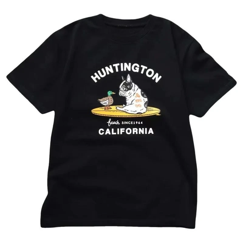 

Летняя футболка из чистого хлопка с принтом «Французская утка» в японском стиле для мужчин и женщин, свободная удобная трендовая футболка