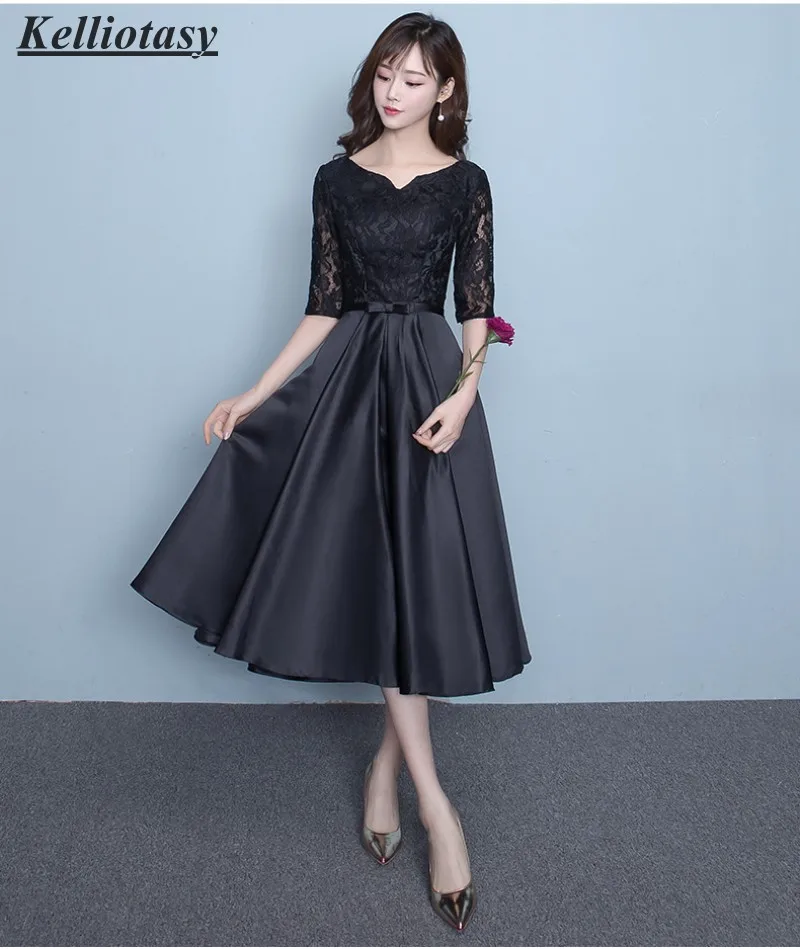 Kelliotasy Tea Length Bridesmaid Dresses Black Aline Bridesmaid Gown With Half Sleeves Ladies Party Dress