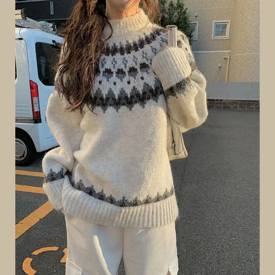 

Женские жаккардовые пуловеры с полувысоким воротником в стиле ретро, свитера на осень и зиму, свободные универсальные повседневные вязаные топы с длинными рукавами