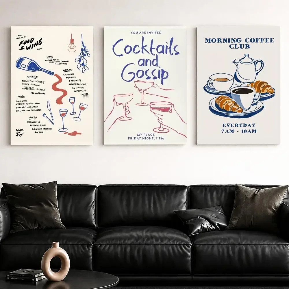 Wine & Cheese Noodles Design Framed Wall Painting Ready to Hang Canvas Wall Art Poster for Bedroom Living Room Home Decor Gift
