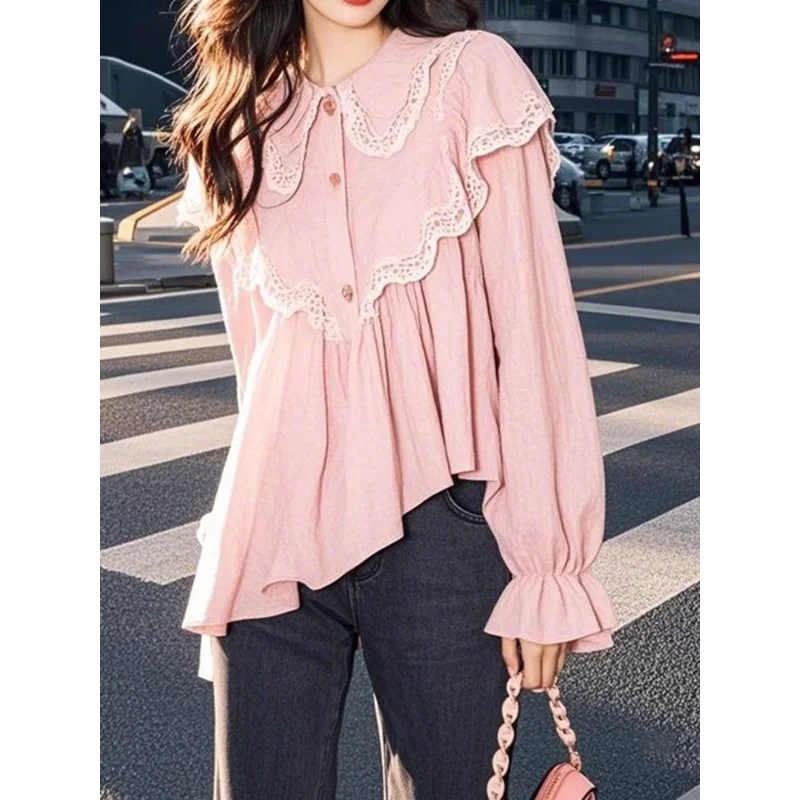 

2024 Дизайнерская французская модная розовая рубашка в западном стиле с нерегулярным подолом и рюшами для женщин