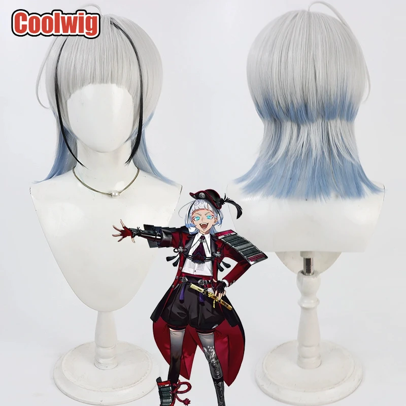 Coolwig Synthetic Hair Kuki Masamune Cosplay Wigs Touken Ranb Kuki Masamune 35cm Silver White Mixed Blue Cos Wig Heat Resistant