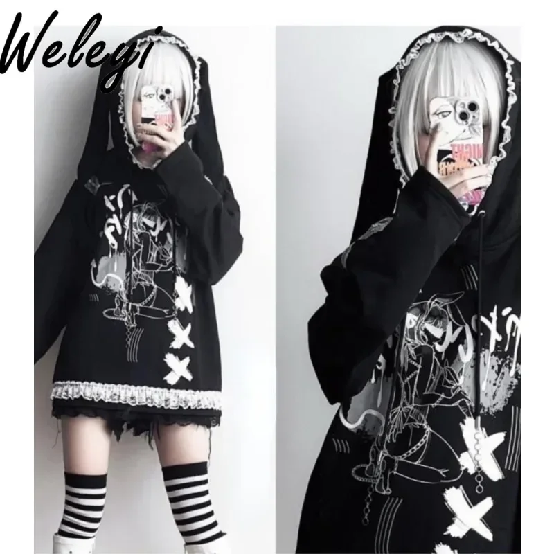 Jirai Kei Y2k Hoodies Jacket Spring Autumn Black and White Rabbit Ears Top Yabi Style Culture Comic Style Sweet Cool Hottie Tops