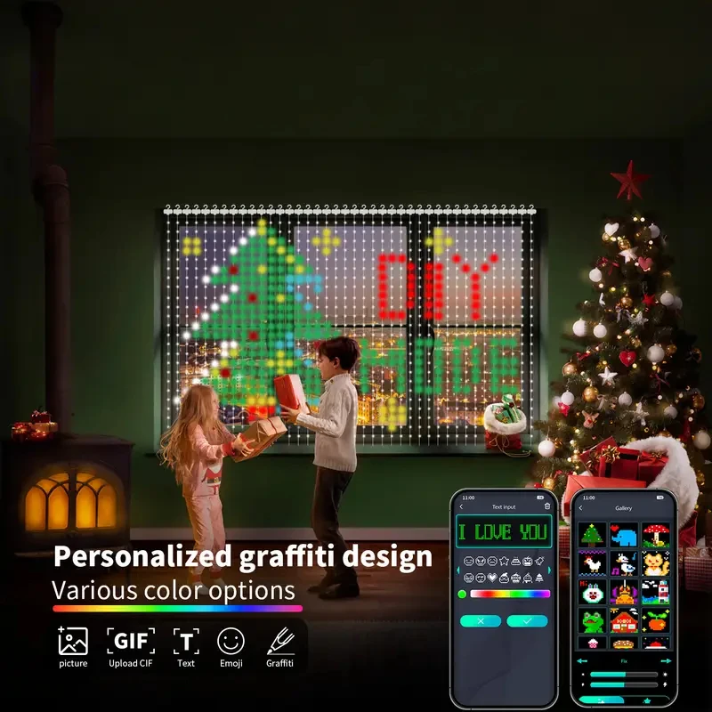 App Remote Control RGBIC Smart Curtain Lights DIY Custom Picture Text GIF Programmable Pixel Fairy String Light Holiday Window Party Wall Decor