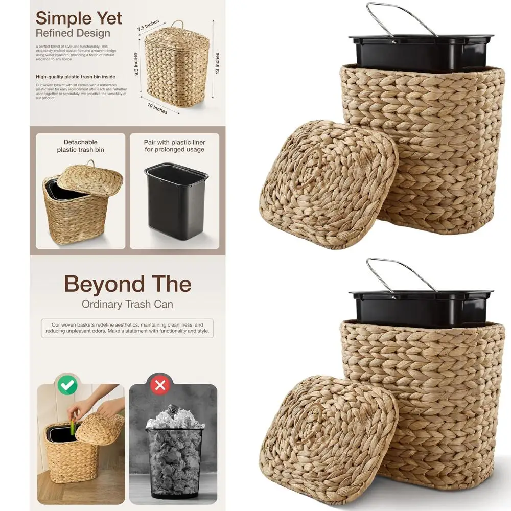

Large 2-Gallon Wicker Trash Bin with Lid - Stylish Wastebasket for Home & Office Use