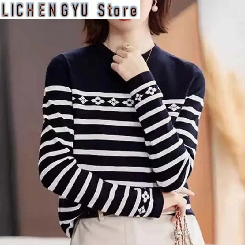 

Новый осенне-зимний модный свободный универсальный тонкий стильный повседневный женский вязаный свитер с длинными рукавами и круглым вырезом в полоску