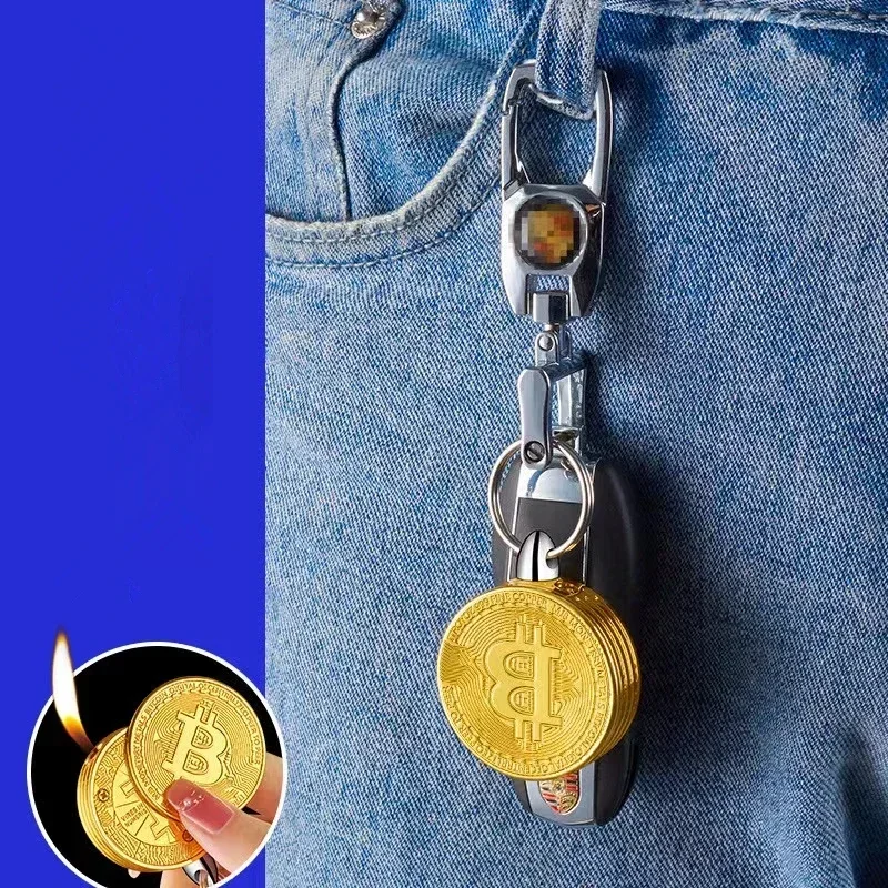 Creative Bitcoin Gold Coin Shape Open Flame Pendant Lighter Butane Gas Spot Commemorative Virtual Currency New Unique Pendant