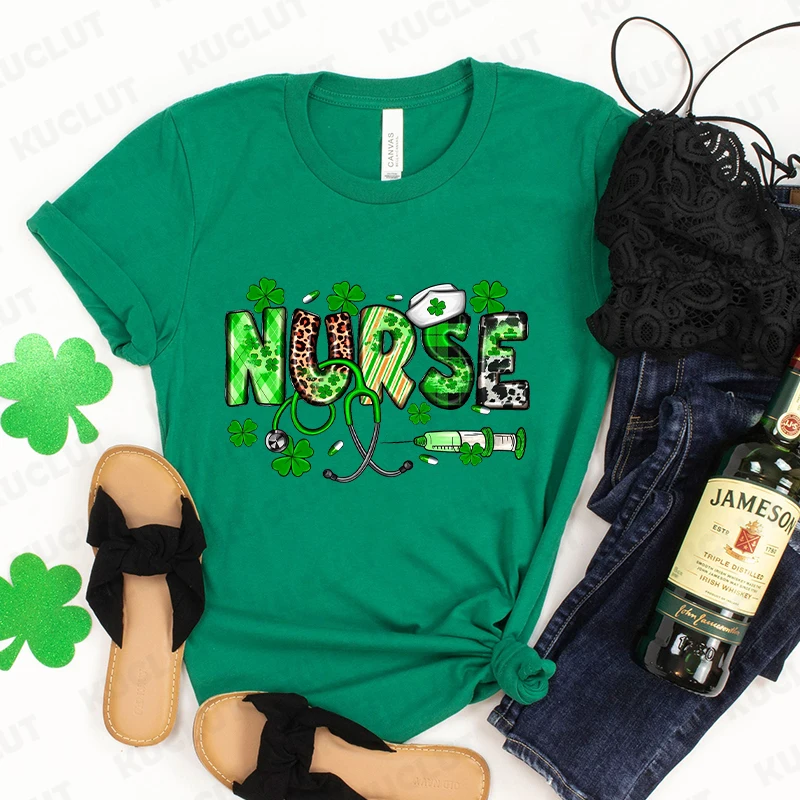 St.Patricks Lucky Nurse T-Shirt for Women Funny Nurse Lucky Shamrock Graphic Tops Harajuku Casual Tees Female Aesthetic Clothing