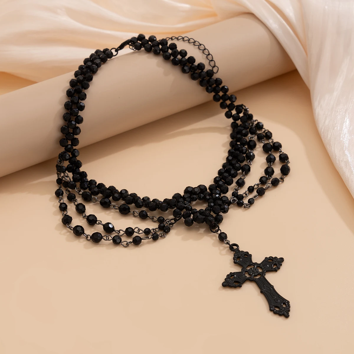 SHIXIN Gothic Multilayer Black Crystal Beads Chain Choker Necklace Women Vintage Big Cross Pendant Necklace Halloween Jewelry
