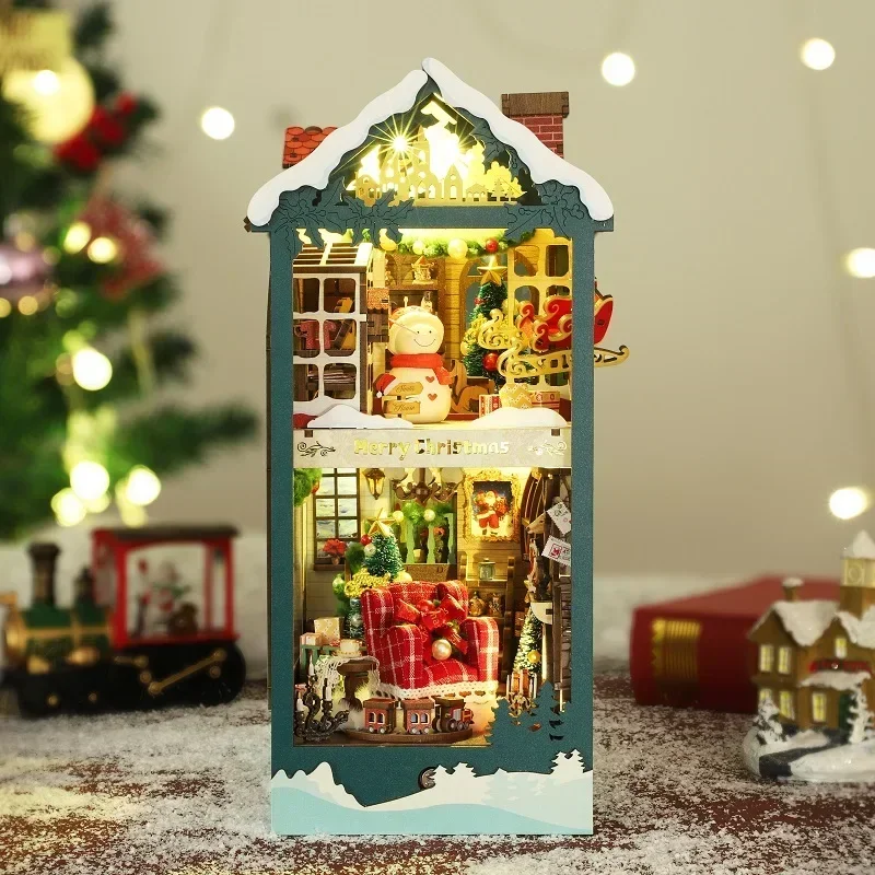 Merry Christmas Book Bookshelf Bookend NEW DIY Wooden Nook Shelf Insert Miniature Model Kits With Furniture Lights Friends Gifts