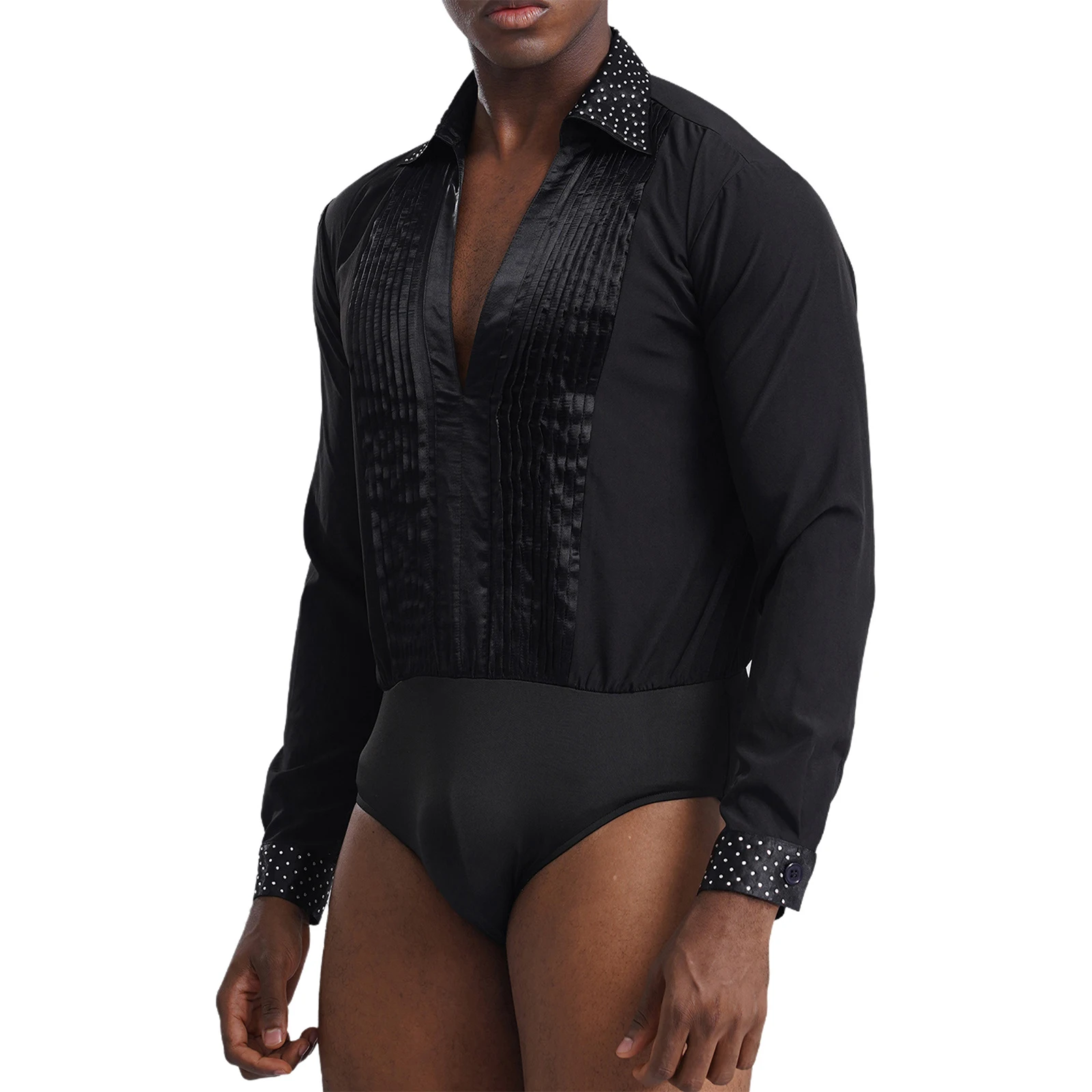 Mens Latin Dance Competition Costume Glittery Rhinestones Dance Leotard Ballroom Dancewear V-neck Long Sleeve Pleated Bodysuit