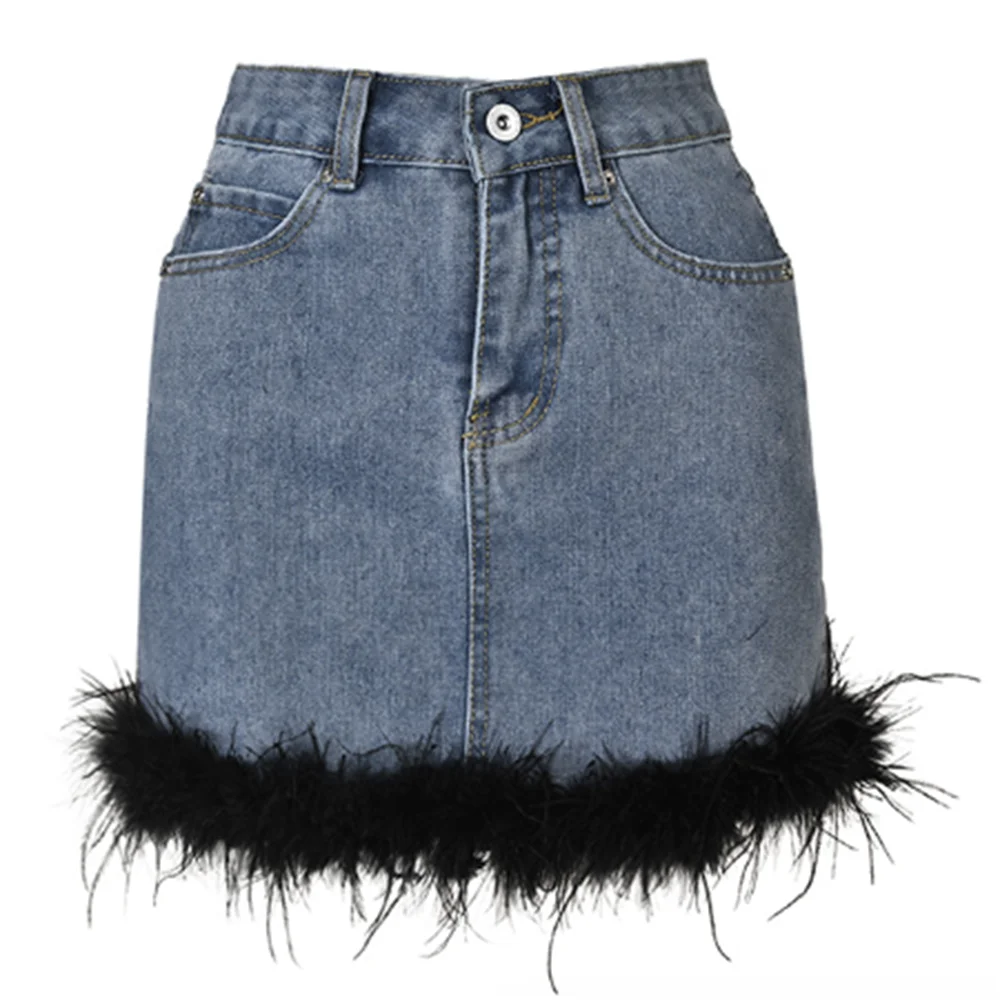 

Summer A-line denim skirt women's feather splicing fashion jeans High waist mini skirt