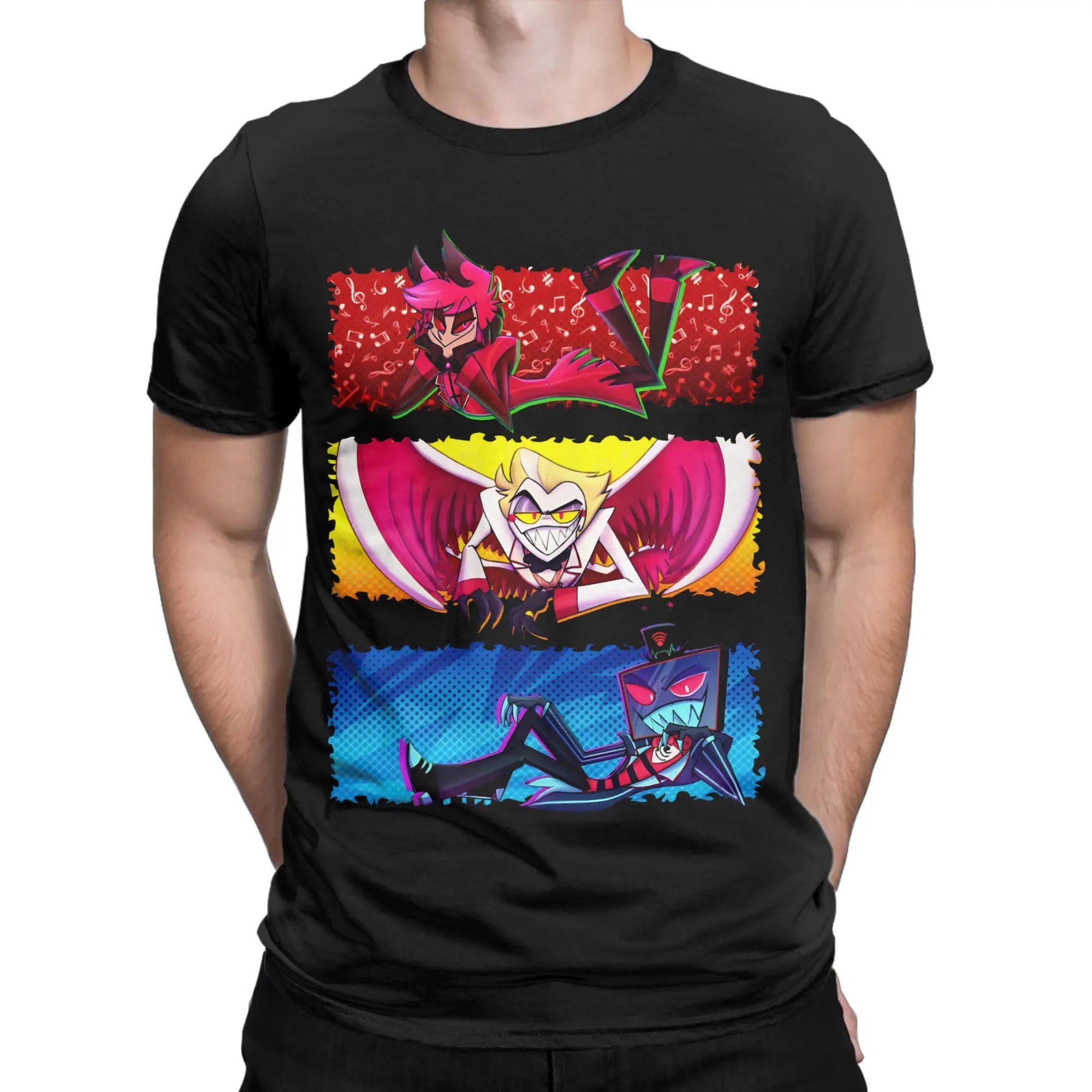 Vintage Hazbin Hotels Lucifer T-Shirts for Men Round Collar 100% Cotton T Shirt Alastor Vox  Short Sleeve Tees Plus Size Tops