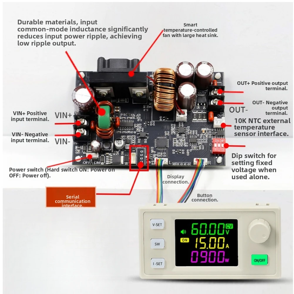 Adjustable 900W DC Power Supply for Electronic Assembly Stations and Test Fixtures with Input Range 6-70V Compatibility