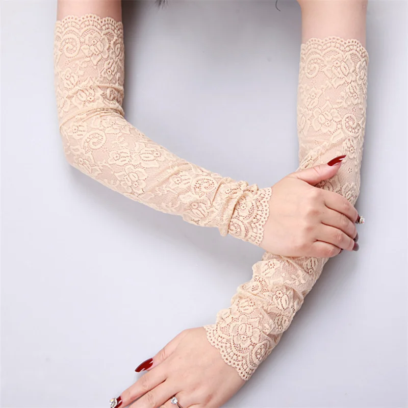 Sexy Jurk Feest Kanten Handschoen Dames Effen Bloemenprint Vingerloze Handschoenen Stretch Arm Elleboogmouwen Handschoenen Zomer Zonnebrandcrème Wanten