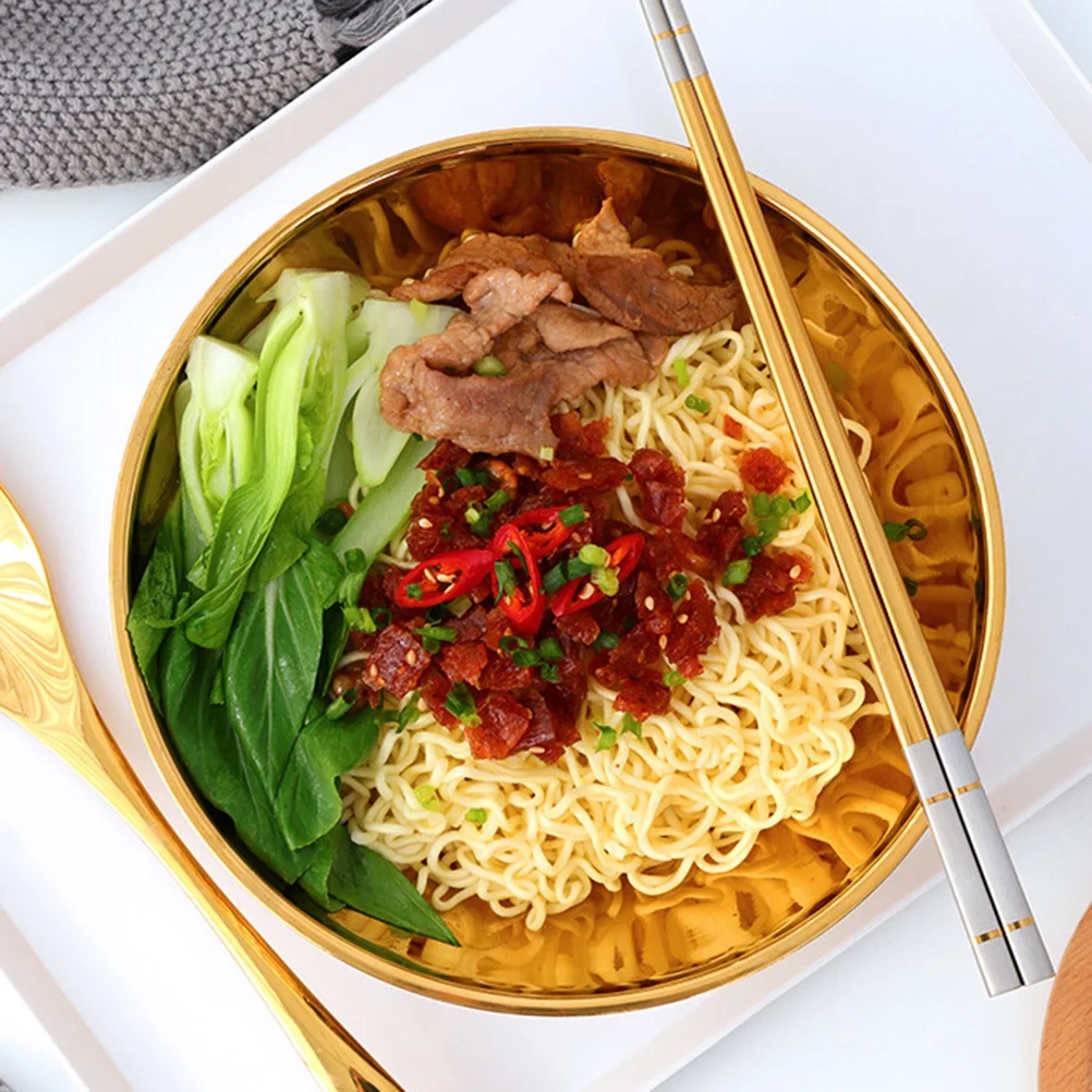 

Stainless Steel Ramen Bowl Japanese Style Soup Container Golden Flat Bottom For Noodle Salad Pasta Cereal Kitchen Dining