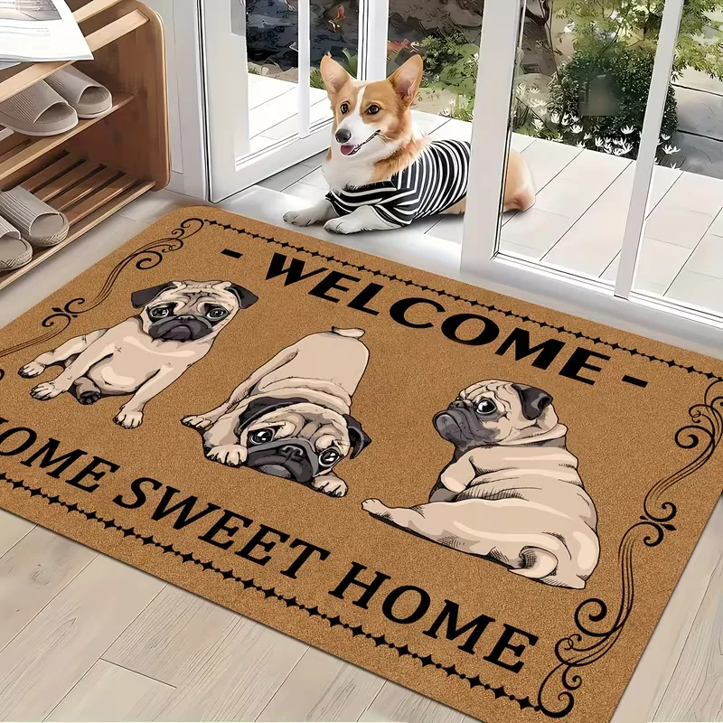 Niedliche Mops-Fußmatte „Welcome Home“ für Frühling und Sommer, Outdoor-Thema, lichtbeständig, weiche Komfortmatte, geeignet für die Inneneinrichtung im Freien