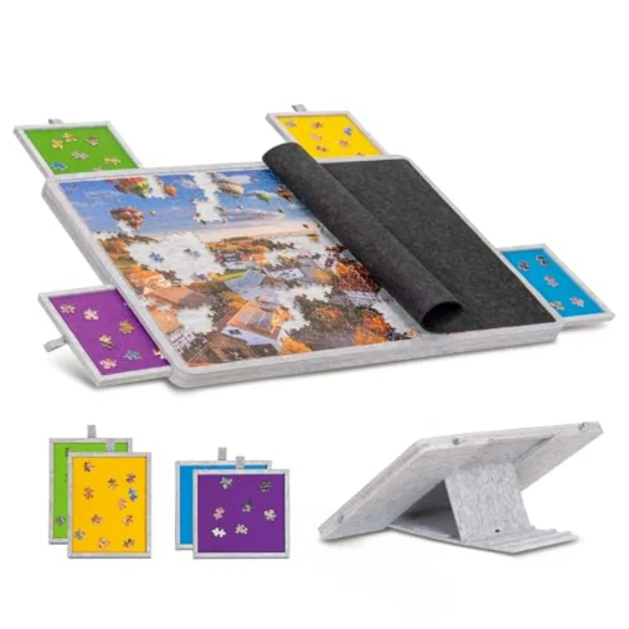 

1000 Pc Tilting Puzzle Board for Adults: Wooden, Blue/Red/Yellow/Green, Adjustable Angle Built-in Easel Stand with 4 Colorful D