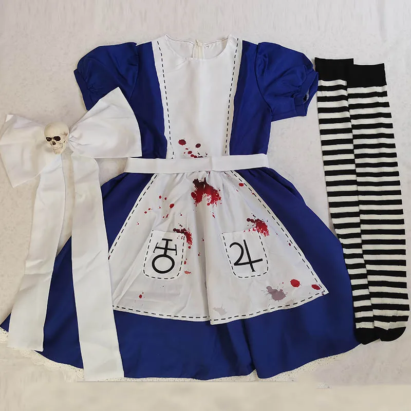 Damen Anime Alice Cosplay Kostüm mit Halskette Alice Kleid Dienstmädchen Schürze für Halloween Spiel Madness Returns Theme Mädchen Outfit