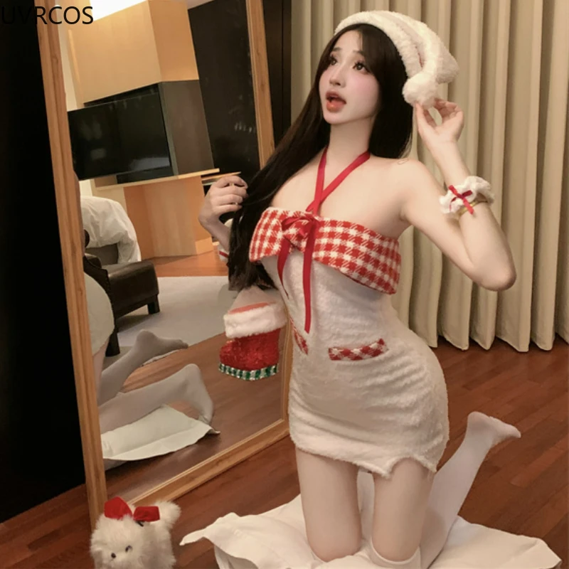 Winter Kawaii Lolita Christmas Party Dress Women Plaid Patchwork Off Shoulder Dresses Korean Fashion Sweet Plush Bodycon Dresses