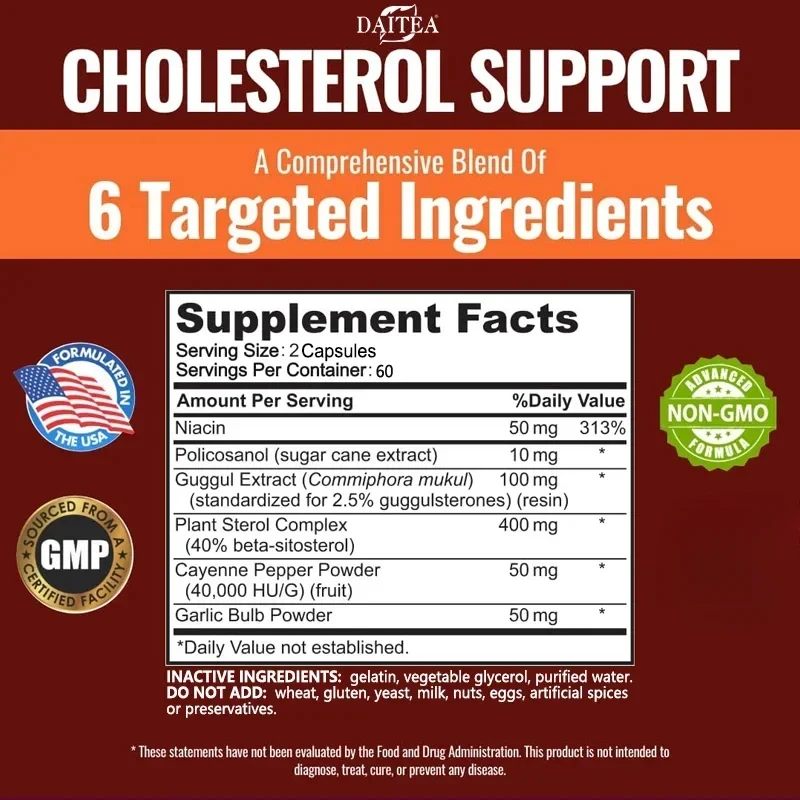 Daitea Cholesterol Support Supplement - Lowers LDL and Triglycerides, Immune System, Relieves Anxiety Naturally, Adrenal Health