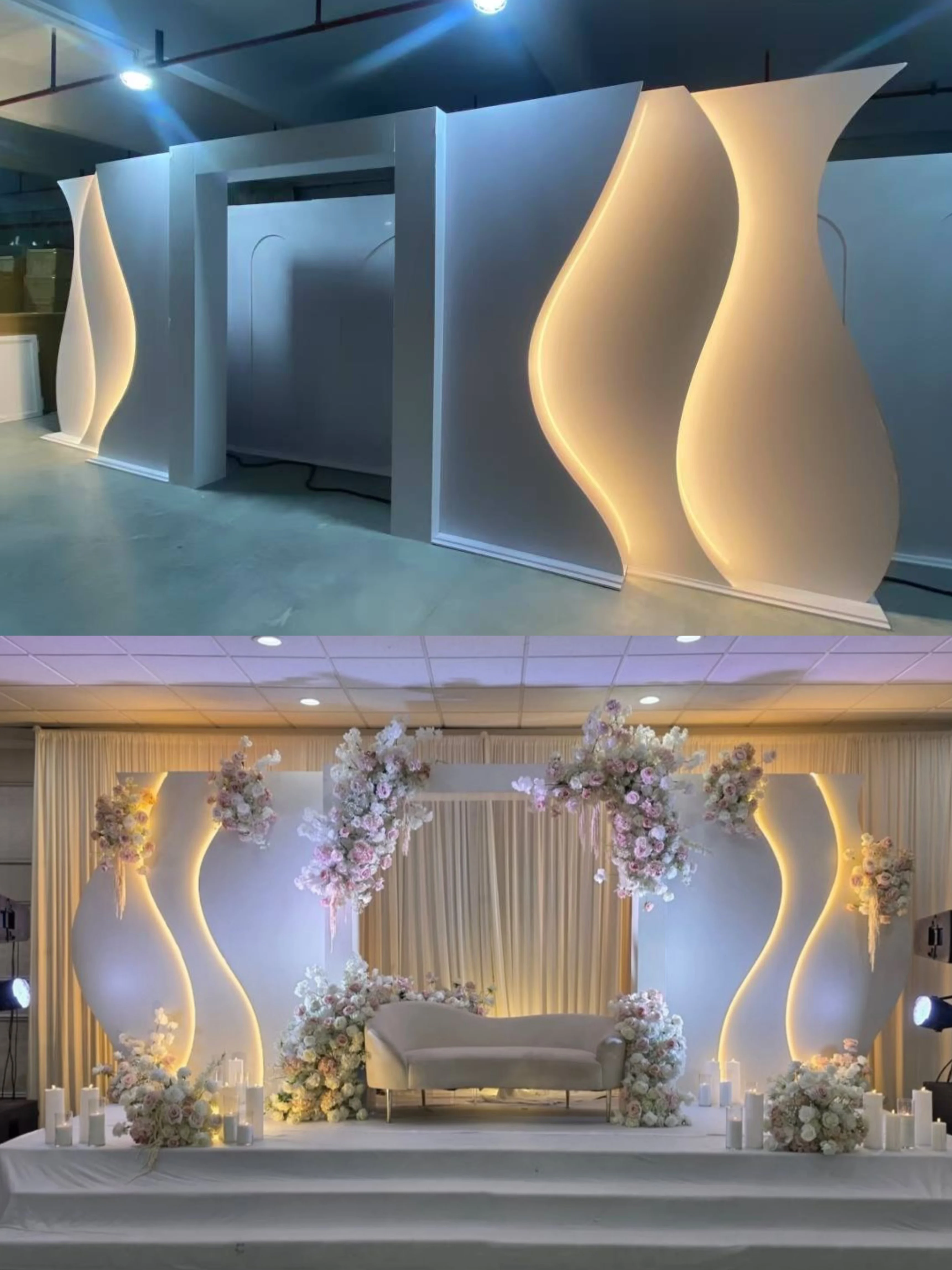 

Popular Wedding Stage Backdrop Arch Middle Stand Event Wave Backdrop Lights forBanquet Hall Decoration