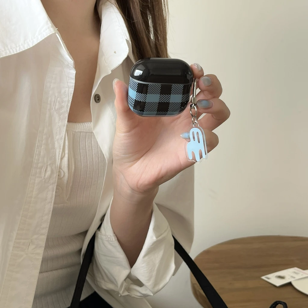 Retro Blue Black Grid Pattern Color Collision With Cute Little Chair Pendant Earphone Case Cover for AirPods 1 or 2 3 4  Pro 2