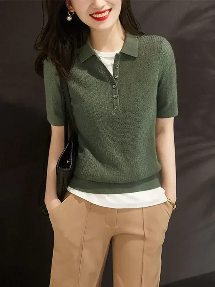 Polo Neck Shirt For Women Plain Button Woman T Slim Women's Clothing Trend 2024 High Quality On Offer Wholesale Youth Korean