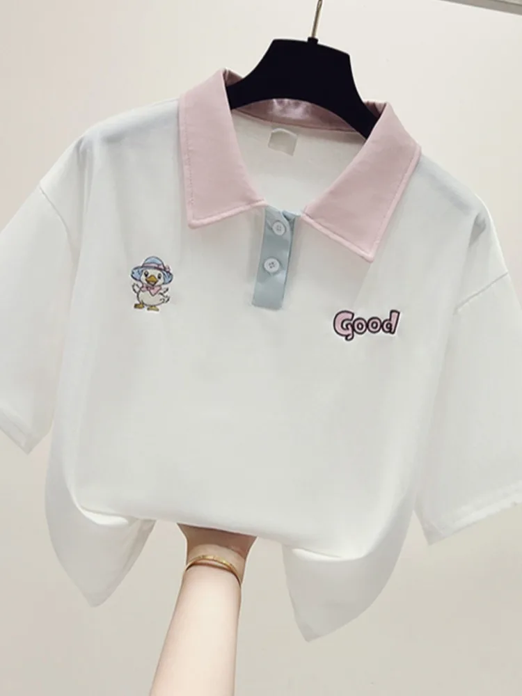 Colletto rovesciato ort Sve irt T-shirt ricamata bianca nuova estate da donna in puro cotone allentato f Sve Top