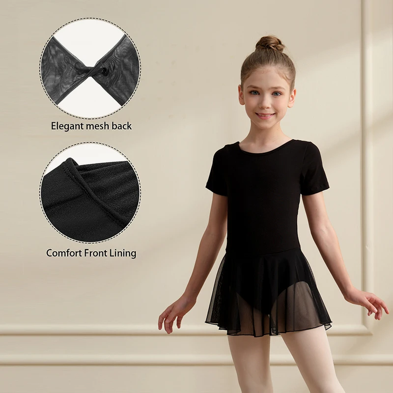 Justaucorps de Ballet à manches courtes pour filles, justaucorps de danse en maille avec jupe, vêtements de danse avec nœud papillon au dos pour enfants
