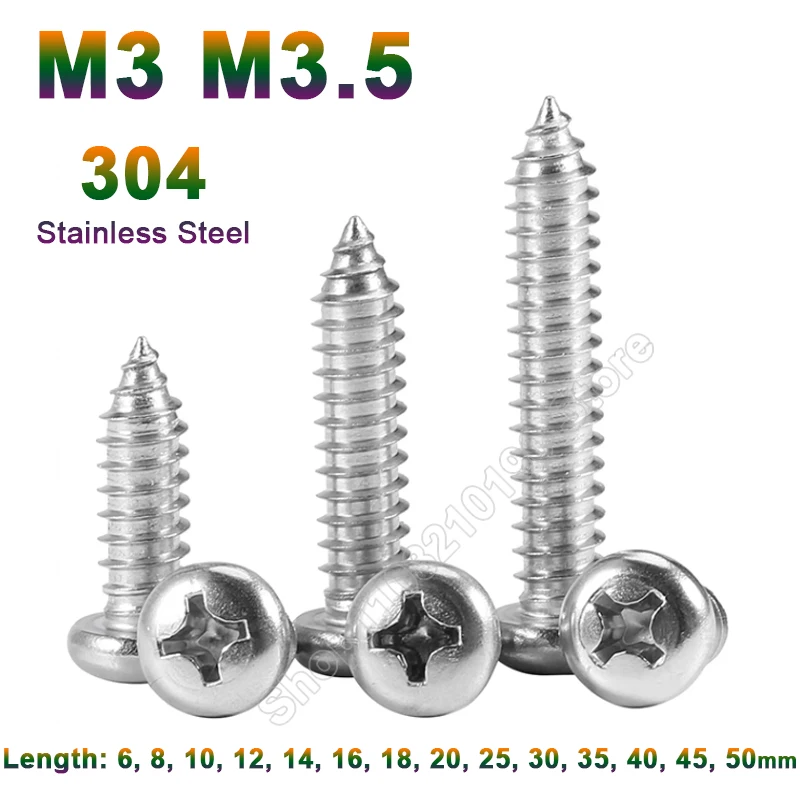 

20-200pcs M3 M3.5 M4 304 A2-70 Stainless Steel Cross Phillips Pan Round Head Self tapping Furniture Wood Screw Length 6-50mm