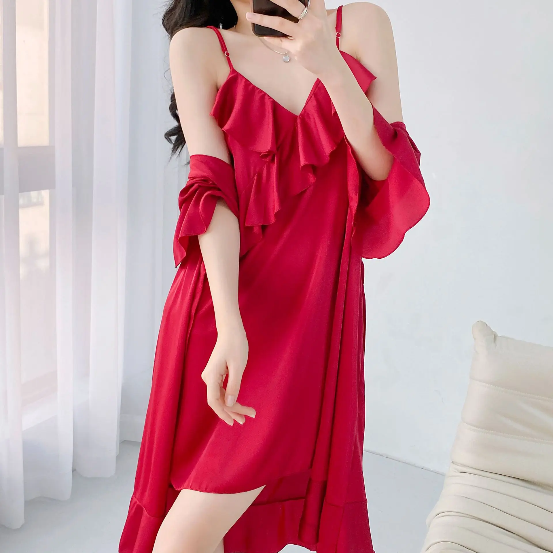 Women Underwear 2 Piece Sets Solid Color Satin Lace Bathrobe Ruffles Deep V Backless Nightdress Casual Sexy Sleepwear Women