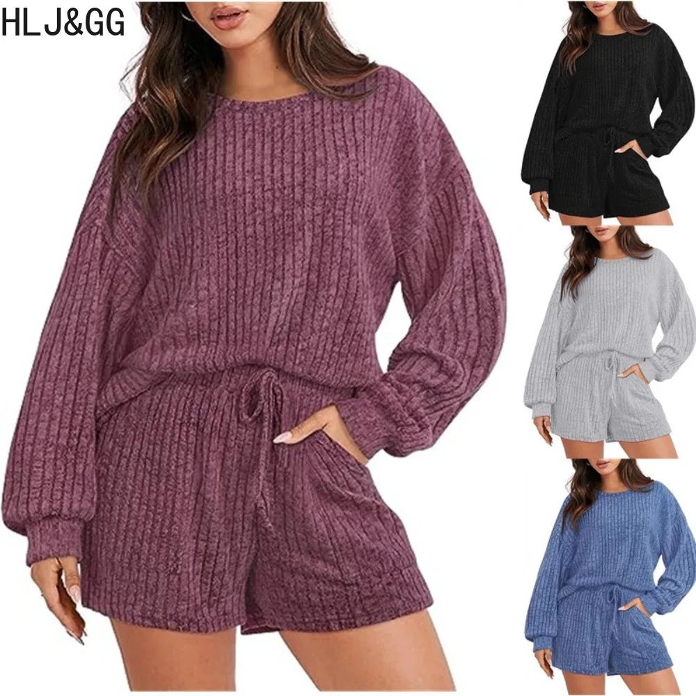 

HLJ&GG Casual Solid Ribber Shorts Two Piece Sets Women O Neck Long Sleeve Top + Drawstring Shorts Outfits Female 2pcs Tracksuits