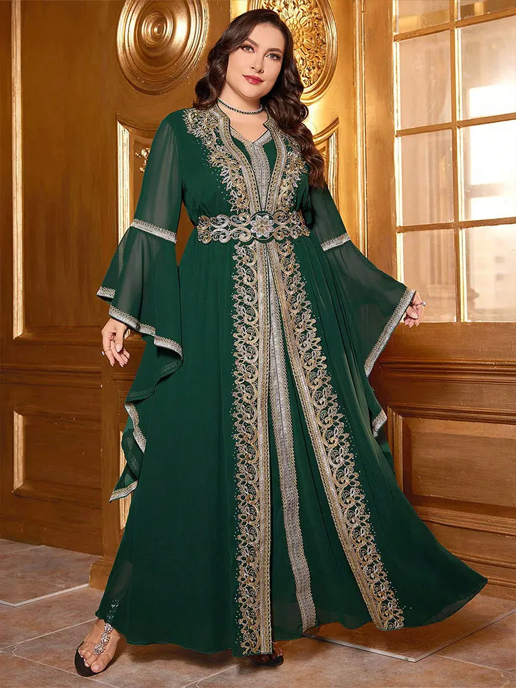 Morocco African Traditional Embroidery Chiffon Dress Dubai Muslim Abaya Islamic Kaftan Arab Women Loose Robe Eid Ramadan Dress