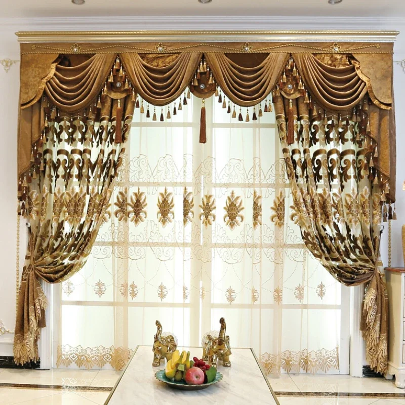 High-precision European Chenille Luxury Villa Curtains Bronzing Embroidery Water-soluble Semi Shading Curtains for Living Room