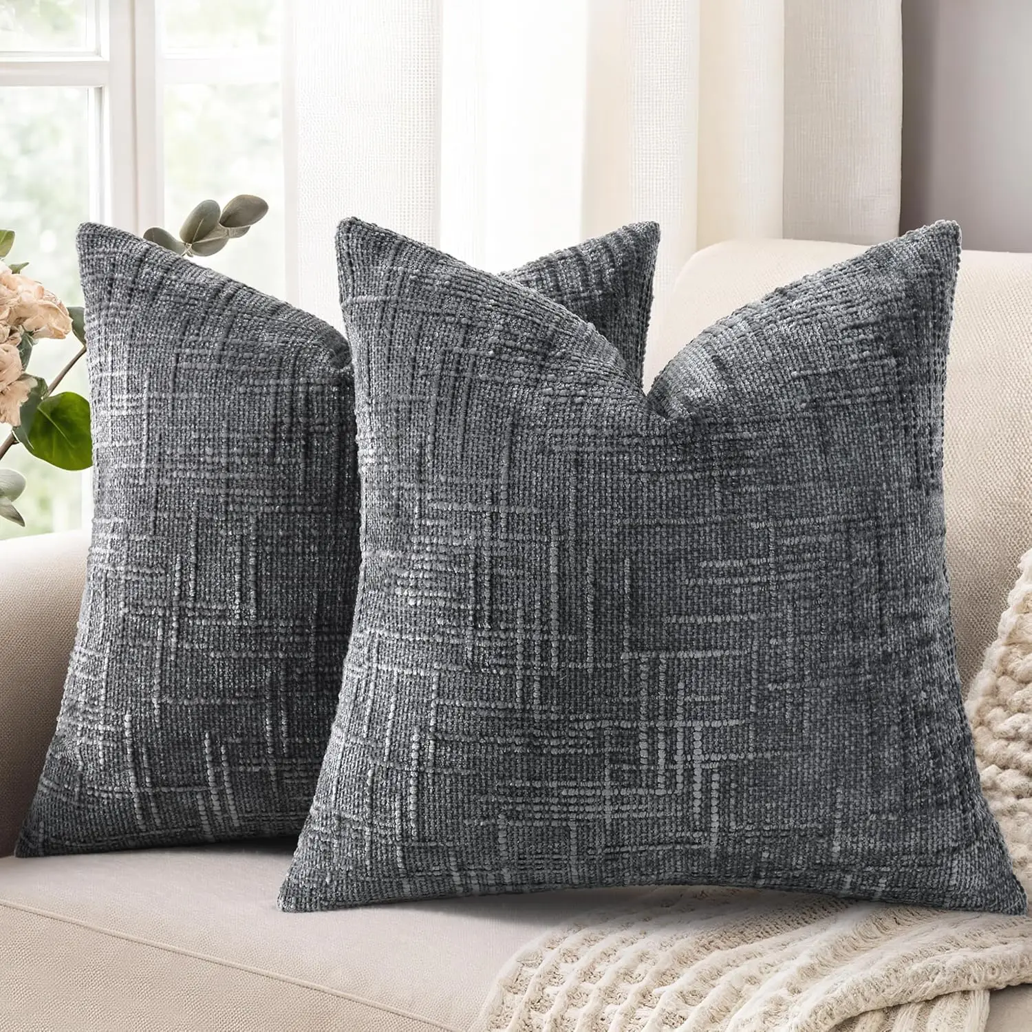 Grey Cream Decorative Throw Pillow Covers Soft Chenille Tweed Textured Cushion Case,Modern Home Decor for Couch Bed Living Room