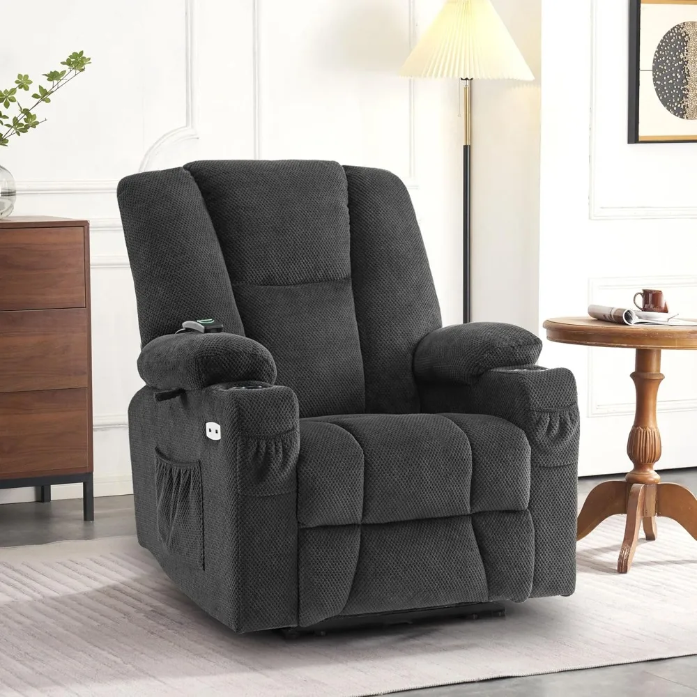 Fabric Electric Power Recliner Chair with Heat and Massage, Cup Holders, USB Charge Ports, Extended Footrest