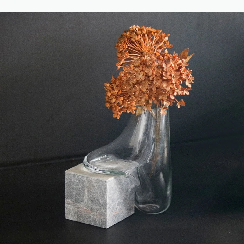 Glasvase, Marmorsockel, abstrakte bewegliche Wassertropfen, transparente Blumenvase, Hydrokultur, Terrarium, Heimdekoration