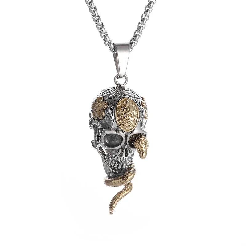 Vintage Gold Color Snake Coiled Demon Skull Pendant Necklace Men's Rock Party Punk Amulet Jewelry Halloween Gift