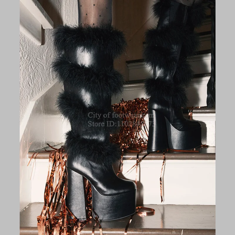 Black Fur Warp Platform Knee High Boots Leatther Chunky Heel Winter New in Warm Long Boot Big Size Luxury Designer Women Shoes