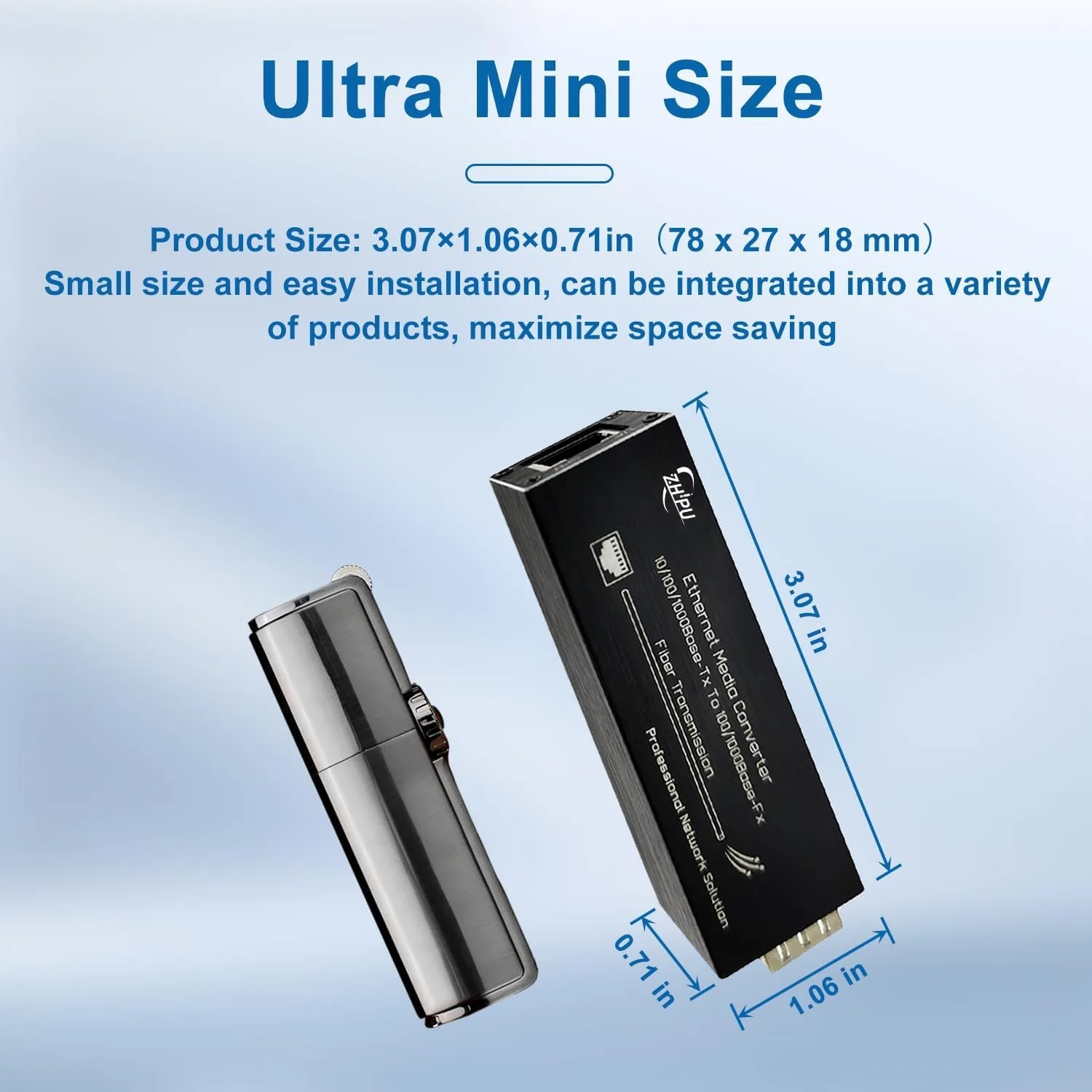 Mini Gigabit Fiber Media Converter 10/100/1000Mbps with 1310nm Single Mode 20km SFP Module & USB Type-C Power Input