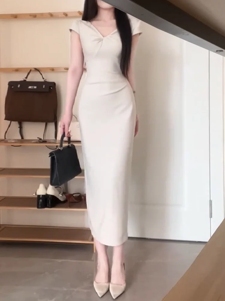 

Sexy Pure Desire Knot V-Ne ort Sve Dr Women's Summer Slimming Long Skirt Wrap Waist Design Breathable Comfortable