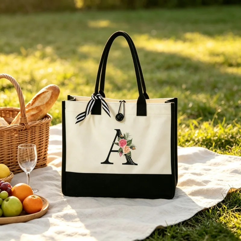 Bolsa de Mano de Lona Personalizada con Monograma Floral e Inicial, Gran Capacidad, Reutilizable, para Compras, para Mujer