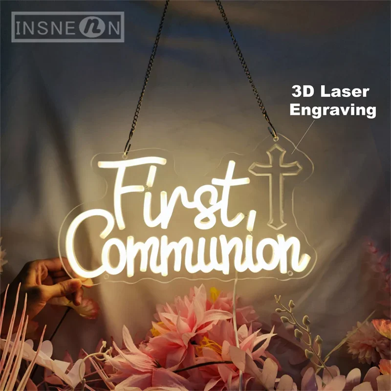 First Communion Neon Sign 3D Engraving Wall Decor LED Neon Sign Lights for Party Home Neon Lighting Sign Baptism Decoration Gift