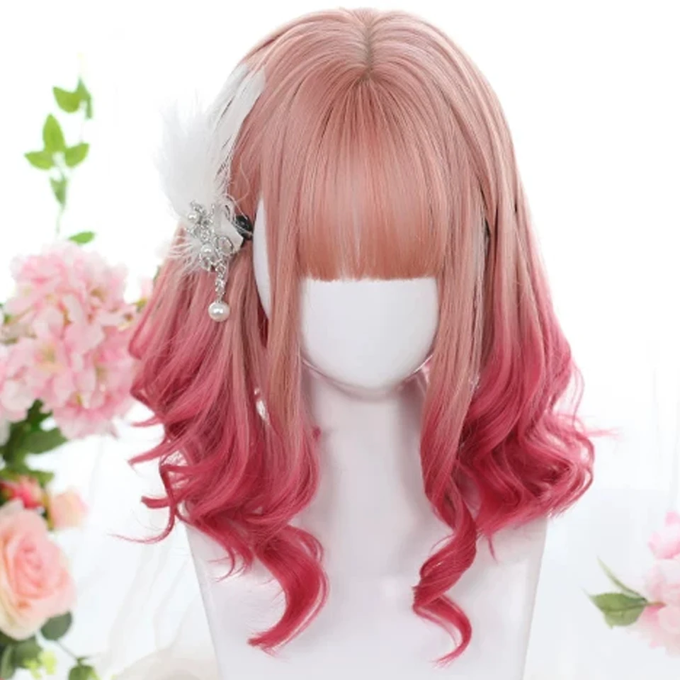 

Gradient Pink Short Curly Lolita Wigs Medium Loose Wave Sweet Harajuku Cosplay Wig Heat Resistant Synthetic Hair