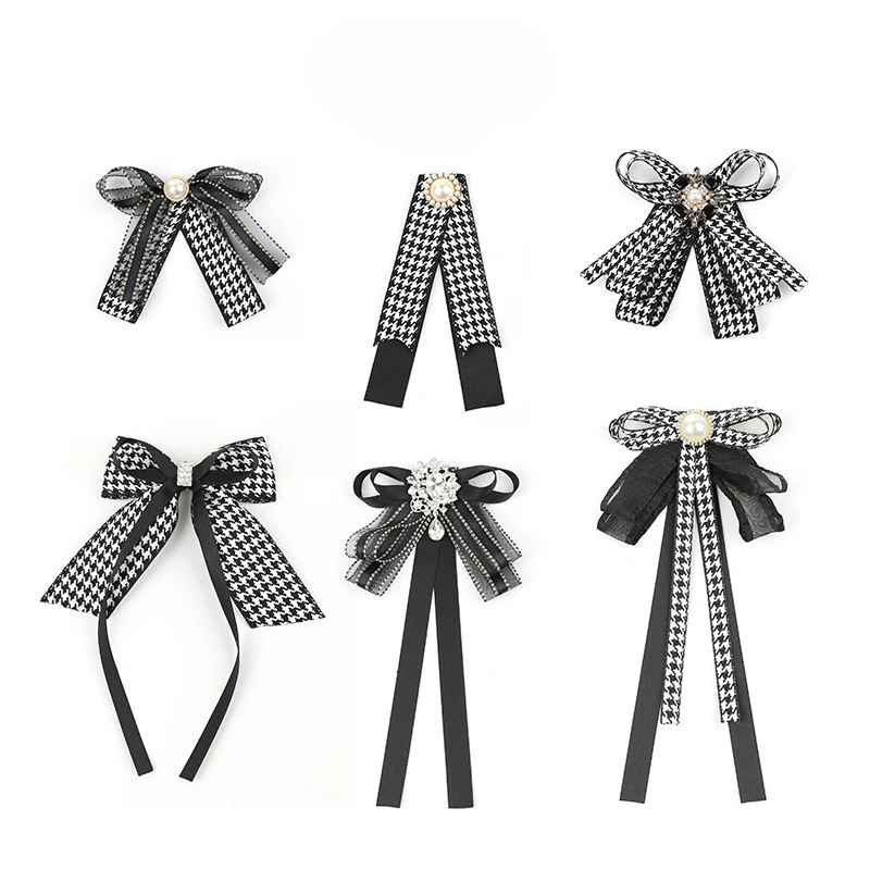 Korean Trendy Houndstooth Ribbon Flower Bow Brooch for Women's Bow Tie Pearl Collar College Bows Coat Wedding Accessories image 3