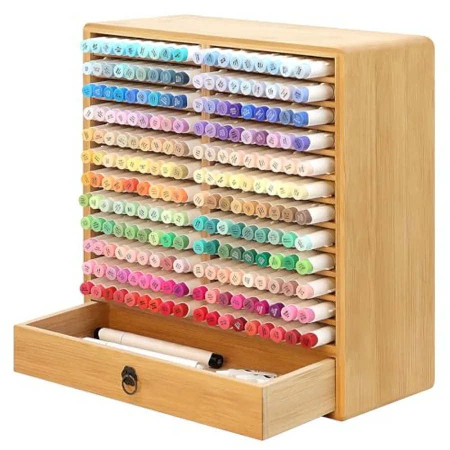 

Органайзер для маркеров на 216 штук, деревянный, с 24 отделениями, бамбуковый держатель для маркеров с выдвижным ящиком для художественных принадлежностей