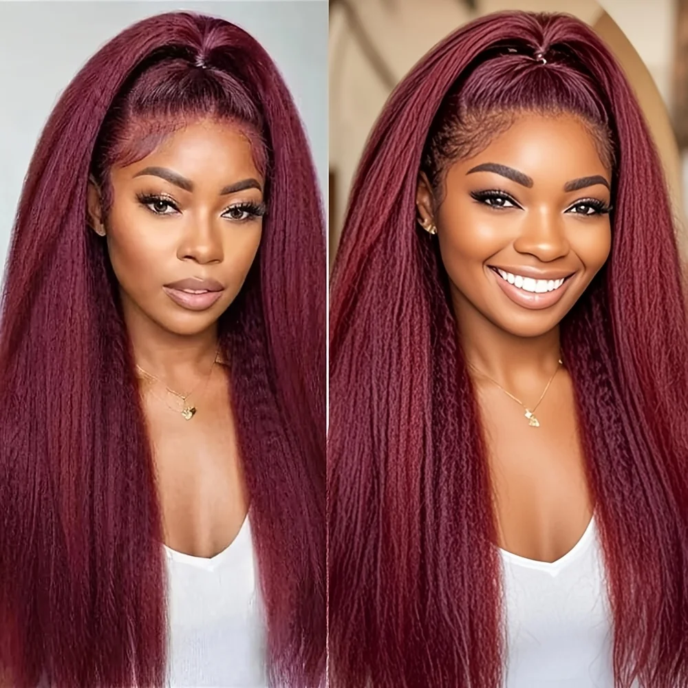 

Burgundy Yaki Straight Human Hair Wig Lace Front Wig 13x4 HD Lace Front Wig 99J Curly Straight Burgundy Yaki Straight Human Hair